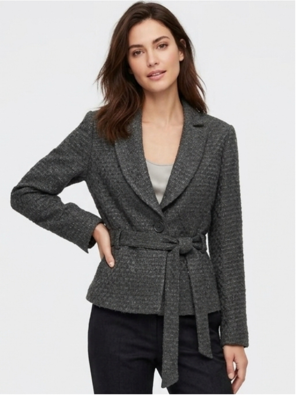 Women's THX Thanx Collection Gray Tweed Belted Blazer Jacket Size Large